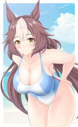  animal_ears beach blue_one-piece_swimsuit blue_sky breasts brown_hair closed_mouth cloud cloudy_sky commentary_request competition_swimsuit cowboy_shot female gurukorian hair_between_eyes hands_on_own_hips highres horse_ears horse_girl large_breasts leaning_forward long_hair multicolored_hair ocean one-piece_swimsuit outdoors sand sky smile solo streaked_hair swimsuit twintails two-tone_one-piece_swimsuit umamusume very_long_hair water white_hair white_one-piece_swimsuit yamanin_zephyr_(umamusume) 