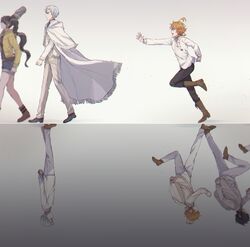  2boys 2girls ahoge arms_behind_back backpack bag barbara_(yakusoku_no_neverland) black_footwear black_hair black_pants blurry boots brown_legwear cardigan cloak closed_mouth collar collared_shirt commentary_request emma_(yakusoku_no_neverland) from_side full_body grey_background grey_eyes grey_hair hair_over_one_eye highres leather leather_boots long_sleeves looking_at_another looking_away multiple_boys multiple_girls neck_tattoo norman_(yakusoku_no_neverland) number_tattoo open_mouth orange_hair pants ponytail ray_(yakusoku_no_neverland) reflective_floor reversed rotational_symmetry running shidomura shirt shoelaces shoes short_hair shorts simple_background smile standing symmetry tattoo uniform upside-down walking white_bag white_cardigan white_cloak white_pants white_shirt yakusoku_no_neverland 