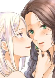  2girls blush brown_hair collarbone dorothea_arnault earrings edelgard_von_hresvelg eye_contact fire_emblem fire_emblem:_three_houses fukuroumori green_eyes grey_hair highres imminent_kiss jewelry long_hair looking_at_another multiple_girls open_mouth portrait purple_eyes white_hair yuri 