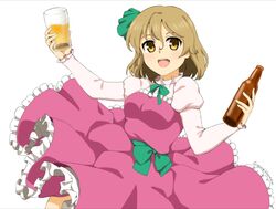  alcohol beer_mug beerko bottle bow breasts commentary_request cup dress female frilled_dress frills green_bow green_neckwear green_ribbons green_sash hair_ribbon haramin3 highres holding holding_bottle juliet_sleeves light_brown_hair long_sleeves medium_breasts mug open_mouth original puffy_sleeves purple_dress ribbon sash short_hair simple_background solo teeth upper_teeth_only white_background white_sleeves yellow_eyes 