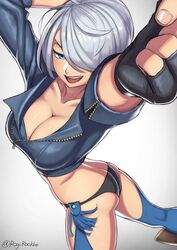  angel_(kof) ass boots bra breasts chaps cleavage cowboy_boots crop_top cropped_jacket female fingerless_gloves foreshortening from_above gloves hair_over_one_eye highres jacket large_breasts leather leather_jacket looking_at_viewer looking_up midriff open_mouth rog_rockbe short_hair simple_background smile snk solo standing strapless strapless_bra the_king_of_fighters the_king_of_fighters_xiv toned underwear white_hair 