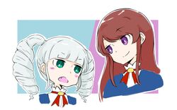  2girls aikatsu! aikatsu!_(series) blue_background blue_jacket braid brown_hair closed_mouth commentary_request cropped_torso eye_contact green_eyes grey_hair jacket long_hair looking_at_another multiple_girls nozo_(hitomiz) oerba_yun_fang open_mouth outline purple_background purple_eyes shibuki_ran shirt smile todo_yurika twin_braids twintails two-tone_background upper_body white_background white_outline white_shirt 