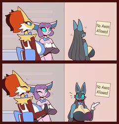  angry anthro awoo big_breasts bow_tie breasts canid canine canis clothed clothing comic_sans delphox delphox_waitress ear_piercing eeveelution english_text espeon espeon_matchmaker_(r-mk) female generation_2_pokemon generation_4_pokemon generation_6_pokemon huge_breasts humor inside lucario lucario_dealer mammal nintendo piercing pokemon pokemon_(species) r-mk skimpy text 