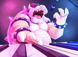  2023 anthro armband belly big_belly big_muscles black_background bodily_fluids bowser bracelet claws closed_eyes collar collar_only electronics eyebrows fog hair hi_res horn illumination_entertainment jewelry keyboard_instrument koopa male mario_bros microphone musclegut muscular muscular_anthro muscular_male musical_instrument nintendo nude open_mouth pecs piano playing_music saliva scalie shell signature simple_background singing skaifox solo spiked_armband spiked_bracelet spiked_collar spiked_shell spikes spikes_(anatomy) tears teeth the_super_mario_bros_movie tongue 