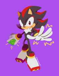  anthro chaos_emerald clothing eulipotyphlan footwear frown fur gem gloves handwear hedgehog holding_gem holding_object male mammal purple_background red_body red_eyes red_fur sega shadow_the_hedgehog shoes simple_background smallpanda solo sonic_the_hedgehog_(series) 