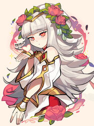  alternate_costume artist_name bare_shoulders choker closed_mouth commentary dress english_commentary female fingernails fire_emblem fire_emblem_heroes flower grey_hair hair_flower hair_ornament hat heart jewelry leaf_hair_ornament long_hair looking_at_viewer memeh official_alternate_costume red_choker red_eyes red_flower red_rose rose signature simple_background solo twitter_username upper_body veronica_(fire_emblem) veronica_(valentine)_(fire_emblem) very_long_hair white_dress white_hat wide_sleeves 