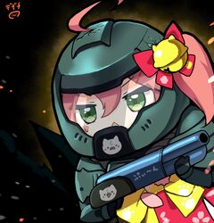  35p_(sakura_miko) absurdres ahoge assault_visor cherry_blossom_print chestnut_mouth chibi commentary cosplay crack doom_(2016) doom_(series) doomguy doomguy_(cosplay) female floral_print green_eyes gun hair_through_headwear helmet highres holding holding_gun holding_weapon hololive nejime open_mouth paw_print paw_print_pattern pink_hair praetor_suit sakura_miko shotgun signature solo virtual_youtuber weapon 