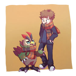  1:1 anthro avian bandai_namco beak bird blue_eyes brown_body brown_feathers digimon digimon_(species) digimon_survive duo falcomon falcomon_(survive) feathers human male mammal minoru_hyuga mofumi_corvus 