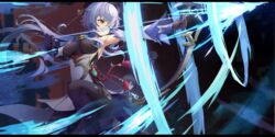  1boy 2girls absurdres amos&#039;_bow_(genshin_impact) armpits arrow_(projectile) bell black_gloves black_hair black_pantyhose blue_hair bodystocking bow_(weapon) breasts chinese_knot detached_sleeves drawing_bow flower_knot full_body ganyu_(genshin_impact) genshin_impact gloves gold_trim highres holding holding_bow_(weapon) holding_weapon horns keqing_(genshin_impact) knee_up large_breasts long_hair magic multiple_girls neck_bell on_one_knee one_eye_closed pantyhose purple_eyes purple_hair sideboob tassel thighlet tifaices very_long_hair vision_(genshin_impact) weapon white_sleeves wide_sleeves wind zhongli_(genshin_impact) 