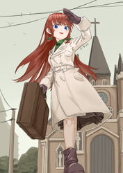  alternate_costume bad_id bad_pixiv_id bird boots bow braid brown_footwear brown_gloves chinese_commentary church collared_shirt commentary dated female gloves green_bow green_shirt hairbow highres hong_meiling leather leather_boots leather_gloves long_hair no_headwear red_hair shirt sidelocks solo suitcase teeth touhou twin_braids upper_teeth_only yazato_ichimushi 