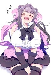  animal_ears apron bare_shoulders bear_ears bergman&#039;s_bear_(kemono_friends) black_bow black_bowtie blush bow bowtie bracer breast_pocket breasts brown_skirt center_frills closed_eyes collared_shirt cowboy_shot fangs female frills fur_bracelet fur_trim grey_hair hairbow happy high_collar highres huge_bow huge_breasts impossible_clothes impossible_shirt kemono_friends long_hair mamiyama musical_note open_mouth parted_bangs pink_apron pink_bow pocket shirt simple_background sitting skirt sleeveless sleeveless_shirt smile solo thighhighs v_arms very_long_hair waist_apron white_background white_shirt zettai_ryouiki 