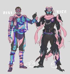  2boys adapted_costume alternate_costume animal_hood armor bad_id bad_twitter_id bbbb_fex bird black_armor blue_armor blue_eyes brown_hair demon_boy dinosaur driver_(kamen_rider) duck highres hood igarashi_ikki japanese_armor kamen_rider kamen_rider_revi kamen_rider_revice kamen_rider_vice mask multiple_boys oni_mask pink_armor pink_scarf red_eyes revice_driver rider_belt scarf tyrannosaurus_rex urban_style vice_(kamen_rider_revice) 