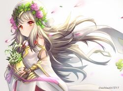  bare_shoulders clear_glass_(mildmild1311) closed_mouth clover female fire_emblem fire_emblem_heroes floating_hair flower four-leaf_clover grey_background grey_hair hair_flower hair_ornament highres holding holding_weapon looking_at_viewer official_alternate_costume petals red_eyes solo upper_body veronica_(fire_emblem) veronica_(valentine)_(fire_emblem) weapon 