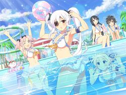  5girls :o ;d all_fours animal armband arms_up ass asuka_(senran_kagura) ball barefoot beach_umbrella beachball bikini black_hair black_ribbon blonde_hair blue_armband blue_eyes blue_ribbon blush breasts brown_eyes cleavage cloud cloudy_sky day dutch_angle english_text eyepatch frilled_bikini frills grin hair_ornament hair_ribbon hibari_(senran_kagura) highres holding holding_ball ikaruga_(senran_kagura) innertube katsuragi_(senran_kagura) kneeling large_breasts long_hair looking_at_viewer multiple_girls navel ninto_(senran_kagura) official_art one_eye_closed open_mouth outdoors palm_tree partially_underwater_shot pink_hair ponytail pool poolside rabbit red_eyes red_scarf ribbon scarf senran_kagura senran_kagura_new_link short_hair short_twintails shuriken sitting sky smile soaking_feet squid_print standing sunglasses sunlight surprised swim_ring swimsuit symbol-shaped_pupils towel tree twintails umbrella underwater wading water_slide weapon white_bikini white_hair white_ribbon yaegashi_nan yagyu_(senran_kagura) yellow_ribbon 