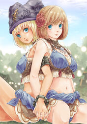  2019 2girls back-to-back bikini blonde_hair blue_bikini blue_eyes blue_pupils blue_sky bob_cut bracelet breasts cleavage closed_mouth cloud final_fantasy final_fantasy_xi fingernails flower hair_flower hair_ornament hat holding_hands hume interlocked_fingers jester_cap jewelry light_brown_hair lips medium_breasts mithra_(ff11) morere multiple_girls mumor navel outdoors pink_lips purple_headwear red_flower red_rose rose short_hair signature sitting sky smile swimsuit uka_totlihn 