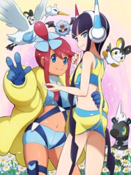  2girls arm_around_waist black_hair blitzle blue_eyes blue_gloves blue_jacket blue_nails blue_shorts blunt_bangs borrowed_clothes breasts closed_mouth coat crop_top cropped_jacket elesa_(pokemon) emolga flower flying fur_coat gloves hair_flower hair_ornament headphones jacket long_hair looking_back midriff multiple_girls navel parted_lips pokemoa pokemon pokemon_(creature) pokemon_bw2 pouch red_hair red_nails riding riding_pokemon short_shorts shorts sidelocks skyla_(pokemon) smile standing swanna teeth thigh_pouch thigh_strap turtleneck twintails very_long_hair w woobat 