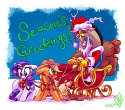  2014 accessory antlers applejack_(mlp) beard bell blonde_hair blonde_mane blue_eyes bodily_fluids bridle chimera christmas christmas_clothing christmas_headwear clothing cowboy_hat cutie_mark digital_media_(artwork) discord_(mlp) draconequus earth_pony equid equine eyebrows eyelashes facial_hair feral freckles friendship_is_magic furgonomics green_eyes group hair hair_accessory half-closed_eyes hasbro hat headgear headwear holidays horn horn_accessory horse male mammal mane my_little_pony mythological_creature mythological_equine mythology narrowed_eyes orange_body pony purple_hair purple_mane purple_tail rarity_(mlp) red_eyes reins santa_hat signature smile sweat sweatdrop tail tail_accessory trio unicorn white_body whitediamonds yellow_sclera yellow_tail 