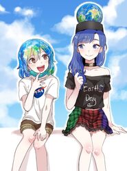  2girls arm_support black_shirt blue_eyes blue_hair breasts brown_eyes brown_shorts cleavage closed_mouth clothes_writing cloud cloudy_sky collar collarbone day earth-chan earth_(ornament) earth_hair english_text eyelashes flat_chest frilled_skirt frills green_hair green_mask happy hecatia_lapislazuli hecatia_lapislazuli_(earth) highres himuhino mask mask_around_neck mask_pull medium_hair midriff miniskirt mouth_mask multicolored_hair multiple_girls nasa_logo navel off-shoulder_shirt off_shoulder open_mouth original outdoors pale_skin personification plaid plaid_skirt planet shirt short_hair short_sleeves shorts sitting skirt sky small_breasts smile surgical_mask t-shirt teeth touhou twirling_hair two-tone_hair upper_teeth_only white_hair white_shirt 