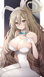  akane_(blue_archive) akane_(bunny)_(blue_archive) animal_ears blue_archive blue_bow blue_bowtie bow bowtie breasts brown_eyes brown_scarf cleavage detached_collar female glasses gloves halo hand_on_own_chest highres ichinose_(sorario) large_breasts leotard light_brown_hair looking_at_viewer official_alternate_costume pantyhose plaid plaid_scarf playboy_bunny rabbit_ears scarf smile solo strapless strapless_leotard white_gloves white_leotard white_pantyhose 