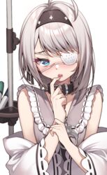  ahoge black_survival blue_eyes blush collar cuffs eyepatch female hairband handcuffs heart heart-shaped_pupils highres hop3 intravenous_drip looking_at_viewer open_mouth short_hair simple_background sissela_kyle solo standing symbol-shaped_pupils white_background white_hair 