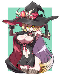  blonde_hair breasts commentary_request female gloves green_background hat highres jin_(mugenjin) large_breasts long_hair looking_at_viewer nijisanji nui_sociere nui_sociere_(1st_costume) oerba_yun_fang simple_background skin_fang smile solo thighhighs thighs two-tone_background virtual_youtuber white_background witch_hat yellow_eyes 