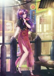  bottle china_dress chinese_clothes closed_mouth dress female flower folded_fan folding_fan foot_out_of_frame hair_flower hair_ornament hand_fan high_heels highres lipstick long_hair looking_at_viewer makeup mei_ling_(saga) nail_polish plate purple_eyes purple_hair saga saga_frontier shisui_alex smile solo 