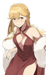  absurdres bare_shoulders blonde_hair blush breasts cleavage commentary_request commission dress earrings female fur-trimmed_sleeves fur_collar fur_trim girls&#039;_frontline highres jewelry la13 long_hair looking_at_viewer medium_breasts official_alternate_costume ots-14_(girls&#039;_frontline) ots-14_(ruler_of_the_banquet)_(girls&#039;_frontline) pixiv_commission red_dress red_eyes solo standing white_background 