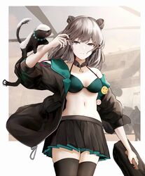  absurdres amamizu_shizuku bag black_skirt black_thighhighs bra breasts brown_hair brown_jacket closed_mouth commission double_bun female girls&#039;_frontline green_bra grey_eyes hair_bun hair_ornament hand_up highres holding holding_bag honey_badger_(girls&#039;_frontline) jacket long_hair looking_at_viewer navel no_shirt pixiv_commission skirt small_breasts solo standing thighhighs underwear 