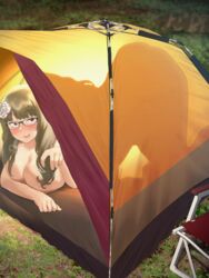  ass blush breasts come_hither curvy female female_pervert flower glasses hair_flower hair_ornament highres large_breasts original pervert plump ryokucha_michi silhouette smile solo tent thick_thighs thighs 