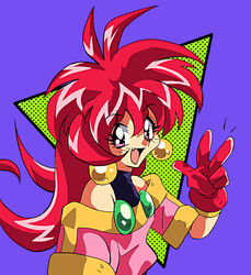  1990s_(style) anime_coloring araizumi_rui_(style) colorful earrings female gloves highres jewelry long_hair looking_at_viewer off_shoulder open_mouth parfait_(lamune) parody pink_eyes polka_dot potiri02 purple_background red_gloves red_hair retro_artstyle smile solo style_parody upper_body v vs_knight_lamune_&amp;_40_fire 