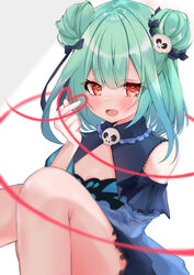  :d absurdres animal_print bad_id bad_pixiv_id blue_dress blue_sleeves blurry blush brooch butterfly_print depth_of_field detached_collar detached_sleeves double_bun dress eyelashes feet_out_of_frame female frilled_dress frills green_hair hair_bun hair_ornament hair_ribbon heart_ribbon highres hololive jewelry juliet_sleeves long_sleeves looking_at_viewer moizumi_shipon oerba_yun_fang open_mouth puffy_sleeves red_eyes red_ribbon ribbon short_dress short_hair sidelocks simple_background sitting skin_fang skull_brooch skull_hair_ornament smile solo strapless strapless_dress string string_of_fate uruha_rushia uruha_rushia_(1st_costume) virtual_youtuber white_background wide_sleeves 