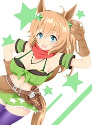  absurdres animal_ears arm_up armpits bandana bandeau bare_shoulders belt blue_eyes blush breasts brown_belt brown_gloves cleavage commentary_request detached_sleeves dutch_angle female gloves green_bandeau green_skirt gun gurukorian hair_between_eyes hair_ornament highres holstered horse_ears horse_girl horse_tail large_breasts looking_at_viewer medium_hair midriff navel ponytail purple_thighhighs red_bandana revolver short_sleeves simple_background skirt solo star_(symbol) star_hair_ornament taiki_shuttle_(umamusume) tail thighhighs umamusume waving weapon white_background 