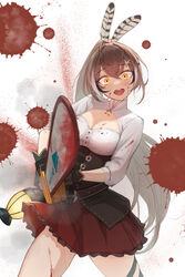  :d ahoge belt black_hair blood blood_on_clothes blood_on_face blood_on_leg blood_splatter blush breasts brown_corset brown_hair chainsaw cleavage cleavage_cutout clothing_cutout commentary corset cowboy_shot crazy_eyes eliskalti feather_hair_ornament feathers female gloves hair_ornament hairclip highres holding holding_chainsaw hololive hololive_english lantern long_hair long_sleeves medium_breasts multicolored_hair nanashi_mumei nanashi_mumei_(1st_costume) pleated_skirt ponytail red_skirt shirt simple_background skirt smile solo standing streaked_hair symbol-only_commentary very_long_hair virtual_youtuber white_background white_hair white_shirt yellow_eyes 