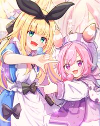  2girls :d ahoge apron baram beret black_bow black_ribbon blonde_hair blue_dress bow candy collared_dress commentary_request dress food green_eyes hair_between_eyes hair_ribbon hat highres holding holding_candy holding_food holding_lollipop lollipop long_sleeves looking_at_viewer mononobe_alice mononobe_alice_(1st_costume) multicolored_hair multiple_girls neck_ribbon nijisanji pink_hair puffy_long_sleeves puffy_short_sleeves puffy_sleeves purple_eyes purple_hair ribbon short_sleeves smile two-tone_hair ushimi_ichigo ushimi_ichigo_(1st_costume) virtual_youtuber white_apron white_dress white_headwear 