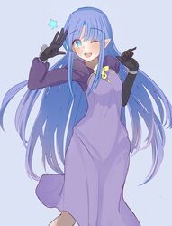  ;d asymmetrical_sleeves black_gloves blue_background blue_eyes blue_hair commission dress elbow_gloves fate/grand_order fate/stay_night fate_(series) female floating_hair gloves hair_between_eyes highres long_dress long_hair looking_at_viewer medea_(lily)_(fate) one_eye_closed open_mouth pixiv_commission pointy_ears purple_dress purple_sleeves smile solo standing uneven_sleeves very_long_hair yamabuki_(sunlight_jojo) 