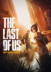  1boy backpack bag beads blonde_hair brown_eyes brown_hair building bus copyright_name cosplay dutch_angle ellie_(the_last_of_us) ellie_(the_last_of_us)_(cosplay) female gabi_braun grass gun half_updo highres holding_strap joel_(the_last_of_us) joel_(the_last_of_us)_(cosplay) layered_sleeves lolicon long_sleeves looking_at_viewer looking_back motor_vehicle nature outdoors pants parody reiner_braun rifle ruins shingeki_no_kyojin short_over_long_sleeves short_sleeves skyscraper sleeves_rolled_up the_last_of_us the_last_of_us_(series) tohkidoki twilight twitter_username wading watch water weapon weapon_on_back wetland wristwatch 