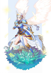  absurdres armor armored_boots armored_dress blue_armor boots feathers female flower gold helmet highres kamenzhui lenneth_valkyrie long_hair plant shoulder_armor solo sword valkyrie valkyrie_profile_(series) weapon white_hair winged_helmet wings 