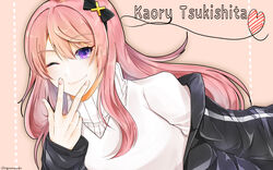  1boy black_jacket bow character_name fingerless_gloves gloves hairband hairbow heart heart_of_string highres holostars jacket kagesorawanko lips long_hair looking_at_viewer male_focus off_shoulder one_eye_closed otoko_no_ko pink_hair simple_background smile solo sweater tan_background tsukishita_kaoru turtleneck turtleneck_sweater upper_body v_over_mouth very_long_hair virtual_youtuber white_sweater 