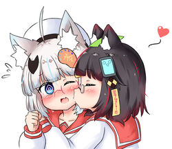  2girls @_@ ahoge animal_ear_fluff animal_ears bailingxiao_jiu beret black_hair blue_eyes blue_hair blush chinese_commentary closed_eyes collarbone commentary flying_sweatdrops fox_ears fox_hair_ornament glasses hat heart kissing kissing_cheek leaf leaf_on_head long_sleeves multicolored_hair multiple_girls oerba_yun_fang one_eye_closed open_mouth original pince-nez profile puffy_long_sleeves puffy_sleeves raccoon_ears red-framed_eyewear red_hair red_sailor_collar sailor_collar school_uniform serafuku shirt simple_background streaked_hair sweat translated upper_body white_background white_hair white_headwear white_shirt yuri 