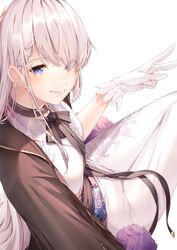  amagimei azur_lane belfast_(azur_lane) belfast_(folded_fascination)_(azur_lane) black_bow black_bowtie blue_eyes bow bowtie braid closed_mouth dress female french_braid gloves hair_over_eyes highres long_hair looking_at_viewer official_alternate_costume smile solo white_background white_gloves white_hair 