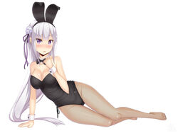  absurdres animal_ears black_bow black_bowtie black_leotard blunt_bangs bow bowtie braid breasts cleavage commentary_request detached_collar emilia_(re:zero) fake_animal_ears female fishnet_pantyhose fishnets flower french_braid full_body grey_hair hair_flower hair_ornament hair_ribbon highres leotard light_purple_hair long_hair low-tied_long_hair medium_breasts pantyhose playboy_bunny purple_eyes purple_ribbon rabbit_ears re:zero_kara_hajimeru_isekai_seikatsu ribbon rose sainohikari simple_background solo strapless strapless_leotard white_background white_flower white_hair white_rose wrist_cuffs x_hair_ornament 