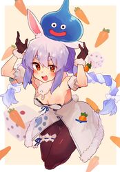  animal_ear_fluff animal_ears arm_cuffs blue_hair braid breasts carrot carrot_hair_ornament cleavage coat commentary dice don-chan_(usada_pekora) dragon_quest female food-themed_hair_ornament fur-trimmed_gloves fur_scarf fur_trim gloves hair_ornament hololive long_braid long_hair monster multicolored_hair pantyhose playboy_bunny rabbit_ears rabbit_girl rabbit_tail rimukoro scarf slime_(dragon_quest) tail thick_eyebrows twin_braids usada_pekora usada_pekora_(1st_costume) virtual_youtuber white_coat white_hair 