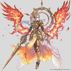  alternate_costume armor braid breastplate female fiery_wings fire gold_armor helmet highres lenneth_valkyrie long_hair low-braided_long_hair low-tied_long_hair nishiki_areku official_art shoulder_armor shoulder_pads valkyrie valkyrie_anatomia valkyrie_profile_(series) white_hair wings 