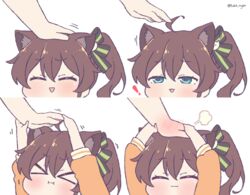  ! &gt;_&lt; :3 :i ahoge artist_name blue_eyes blush bow brown_hair closed_eyes female grabbing_another&#039;s_hand hair_between_eyes hair_ornament hairbow hand_on_another&#039;s_head headpat hololive kemonomimi_mode kukie-nyan natsuiro_matsuri natsuiro_matsuri_(1st_costume) orange_shirt shirt side_ponytail virtual_youtuber 