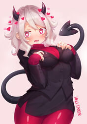  absurdres black_horns black_suit blush breasts chinese_commentary commentary demon_girl demon_horns demon_tail female formal gradient_background hands_on_own_chest heart heart-shaped_pupils helltaker highres hitokuchii horns long_sleeves looking_at_viewer lower_teeth_only medium_breasts medium_hair modeus_(helltaker) open_mouth pantyhose photoshop_(medium) red_eyes red_sweater ribbed_sweater saliva sidelocks suit sweater symbol-shaped_pupils tail teeth turtleneck turtleneck_sweater white_hair 