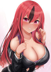  absurdres azur_lane bare_shoulders black_hair black_jacket black_shorts blush bracelet breasts bremerton_(azur_lane) bremerton_(relaxation_consultation)_(azur_lane) cleavage clothing_cutout collarbone commentary female gold_bracelet hair_between_eyes hair_down hands_up highres jacket jewelry large_breasts long_hair long_sleeves looking_at_viewer mole mole_on_breast mole_under_eye multicolored_hair navel navel_cutout navel_piercing off_shoulder official_alternate_costume official_alternate_hairstyle parted_lips piercing pink_eyes pink_hair purple_tank_top ryara shorts sidelocks smile solo standing streaked_hair tank_top two-tone_hair 