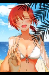  bare_shoulders beach bikini blush boudica_(fate) boudica_(shining_goddess)_(fate) breasts cleavage closed_eyes cloud collarbone commentary_request day fate/grand_order fate_(series) female fingernails front-tie_bikini_top front-tie_top hair_between_eyes halterneck holding large_breasts navel o-ring o-ring_bikini ocean open_clothes open_mouth open_shirt outdoors plant ponytail pov red_hair ruinosuke sand see-through short_hair short_ponytail sky smile swimsuit taking_another&#039;s_hand water white_bikini 