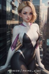  1girls 2:3 ai_generated blonde_hair blue_eyes bodysuit clouds daytime female female_only freckles gwen_stacy marvel navel_outline patreon_username primo_aiart skyscraper solo source_removed spider-gwen spider-man:_across_the_spider-verse spider-man:_into_the_spider-verse spiderweb_pattern stable_diffusion standing 