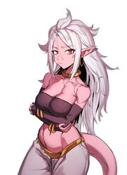  1girls android_21 arabian_clothes athletic_female belly_button big_breasts breasts dragon_ball dragon_ball_fighterz dragon_ball_z elf_ears harem_outfit looking_at_viewer majin majin_android_21 monster_girl navel pink_body pink_skin pointy_ears red_eyes tail white_hair zquung 