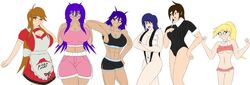  big_breasts blaze_ember blonde_hair blue_hair blush brown_hair cinder_ember cosplay female_only frilled_bikini glasses hands_on_breasts huge_breasts keeva_rojas leanne_greenleaf long_hair maid meme_attire multiple_girls muscular pink_bikini pizza_hut purple_hair rose_rozey shocked_expression short_hair sling_bikini small_breasts spark_knight sweater_dress white_background workout_clothes zelia_mizusawa 